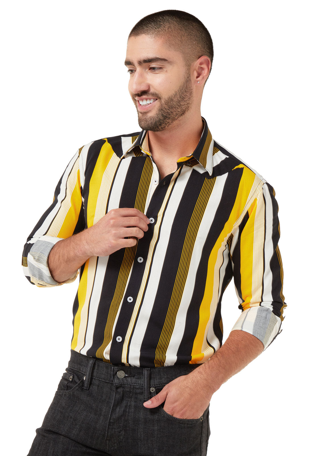 Camisa a rayas amarillo,blanco y negro – los caballeros